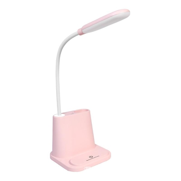 Genopladelig bordlampe med LED-, USB- og penneholder, dæmpning i 2 farvetilstande, 360 fleksibelt læselys (pink)