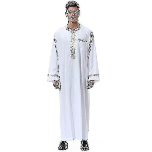 Mænd Mu Saudi Robe Kaftan Dubai Tunika Lang Top Bluse Thobe Tøj (3XL, hvid)