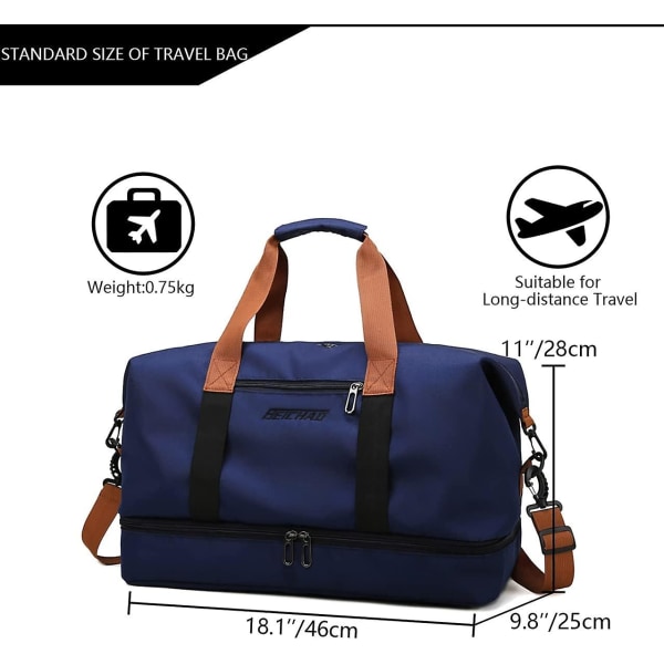 Xl Travel Duffel Bag med vannavstøtende nylon skulderstropp med våt lomme, blå
