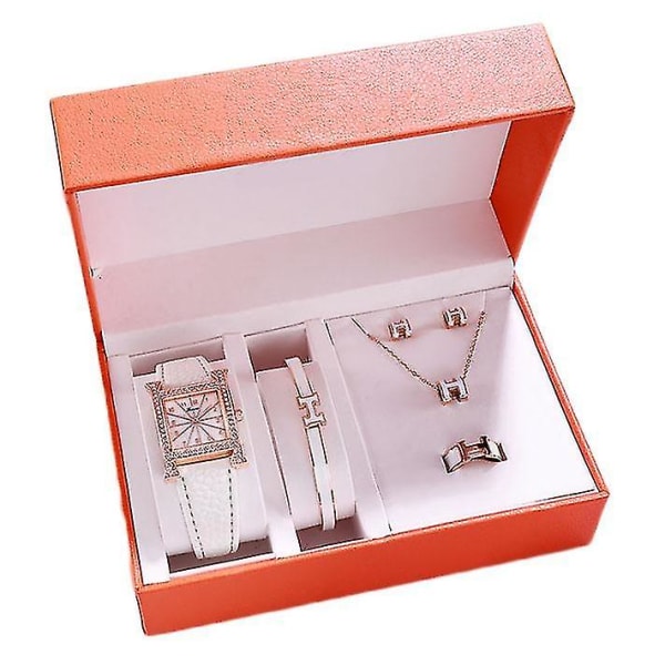 5-piece Set Women's Square Quartz Watches Bracelet Ring Ear Studs Necklace_cv White