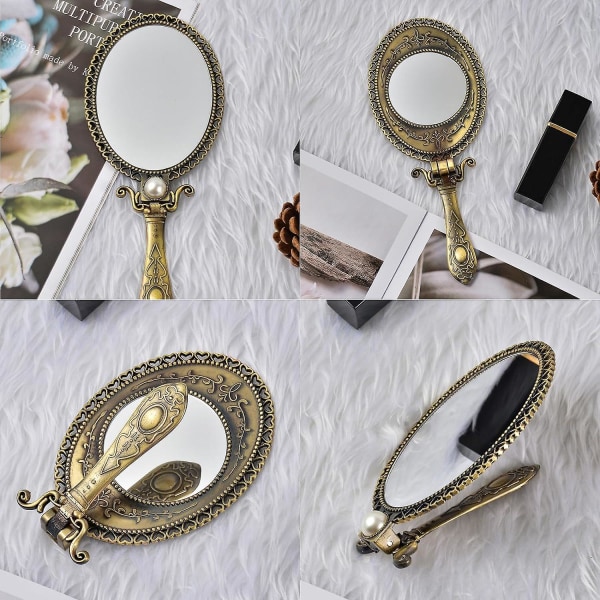 Håndspeil med håndtak, dobbeltsidig håndsminke metallspeil, dekorert med perle, utendørs dekor, sammenleggbart håndtak, bærbart speil, for kvinner og gi