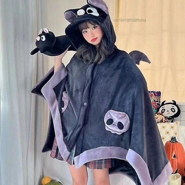 Kawaii Cartoon Bat Y2k Plyschpyjamas Anime mantel Sovkläder Kostym Halloween mantel för vuxna Vinterpyjamas kvinnor filt Cape （M）