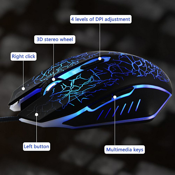 Langallinen pelikäyttöön tarkoitettu hiiri, USB-optinen tietokonehiiri RGB-taustavalaistuksella, 4 säädettävää DPI:tä, ergonominen pelaajan kannettava hiiri - musta