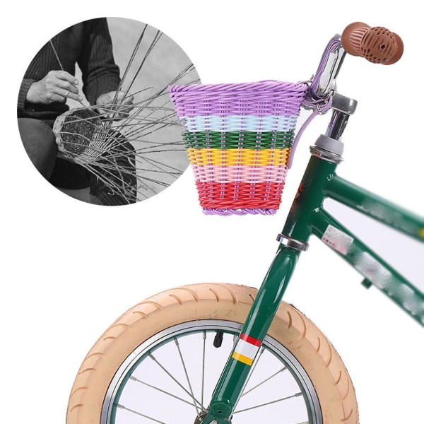 Sykkelkurv til barn foran håndvevd, håndvevd regnbuefarge sykkelkurv, egnet for de fleste typer sykler (små)