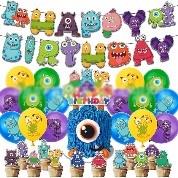 Sipin Cartoon Monster Universityn syntymäpäiväjuhlatarvikkeet - 30 kpl Syntymäpäiväjuhlatarvikkeita Happy Birthday Banner Cake Topper Cupcake Topper Ilmapallot