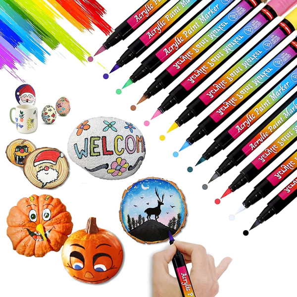 12 färger akrylfärgpenna, permanent akrylfärgpenna för stenmålning, sten, gör-det-själv fotoalbum, skogsmark, bröllop (1-6 mm spets), 14 cm