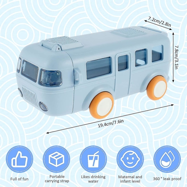 Bus vandflaske, børns lille bil halm vandkop, 17 oz bærbar aftagelig bus vandflaske med skulderrem (blå)