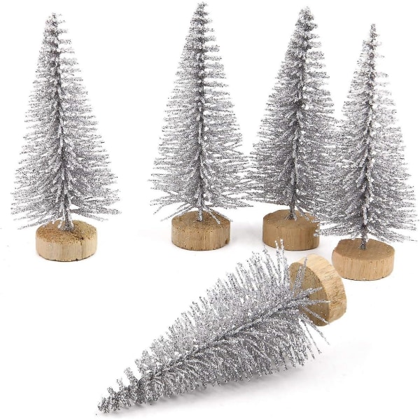 Set med 10 konstgjorda julgranar Mini Miniatyr julgransdekoration inomhusbord (silver, höjd 6,5 cm)