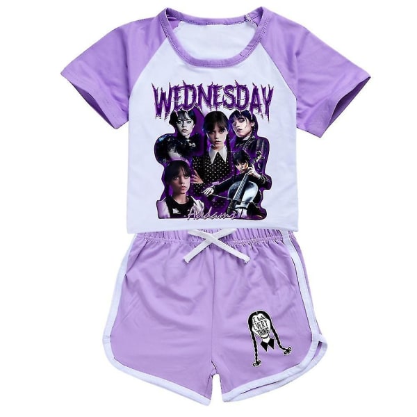 Barn onsdag Addams Familien Addams Korte antrekk med trykt kostymer T-skjorte Shorts Pyjamas Natttøy Loungewear Sommer treningsdress(9-10Y, Lilla)