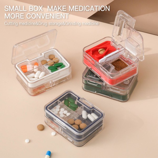 Tablettpillesplitterslipeverktøy med skarpe bladslipeområde Oppbevaringsboks 3 i 1 design for bruk av vitaminer på daglig (rød)