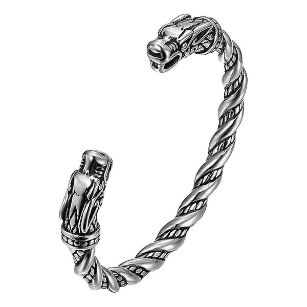 Viking armbånd til mænd Zinklegering åbningsarmbånd manchet Norse God Odin Wolf Heads Armringe Vintage armringe til mænd mode（sølv)