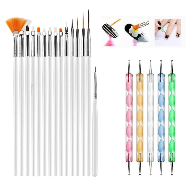 Neglebørster sæt med 20 neglefarvepen Pulling Line Pen Light Therapy Pen Diamond Nail Tools（hvid）