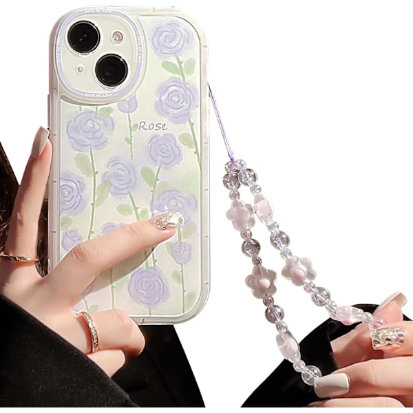 iPhone 13 Cover med Kæde Elegant Lilla Blomster Cover med Smuk Blomster Armbånd Håndledsrem Til Kvinder Piger, Blød TPU Stødsikker Cover-rose