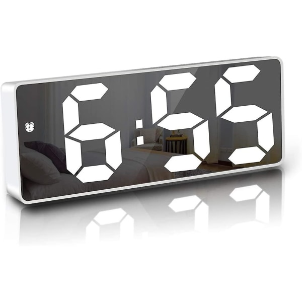 Vit digital väckarklocka, 6,7" LED-spegel digital klocka vid sängen väckarklocka morgon, röstaktiverad/icke tickande/snooze/temperatur/datumtid Justerab