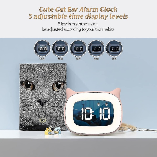 Børnevækkeur med natlys, trinløs dæmpning, søde katteører digitalt ur til drenge og piger (sort)