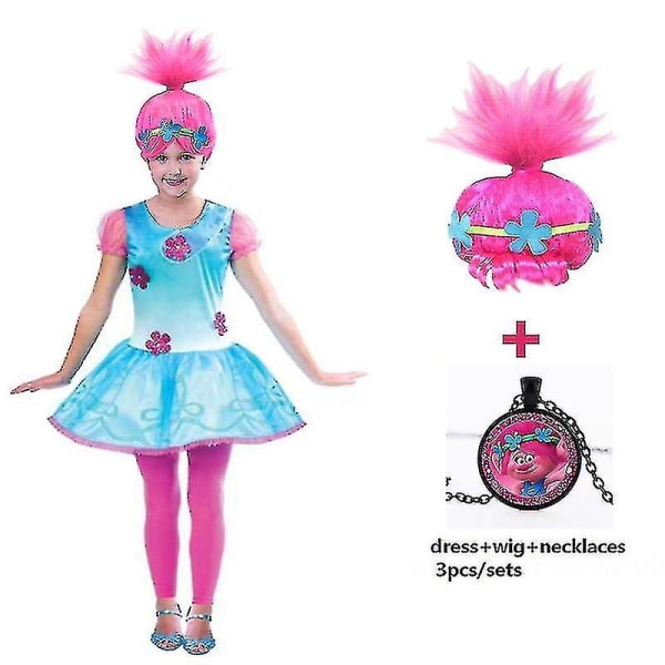 Halloweenflickor Klänningar Trolls Poppy Cosplay Kostymer Klänning För Flickor Streetwear Halloween Kläder Barn Halsband Peruk Fancy Flickklänning (120-5-6Y-,peruk)