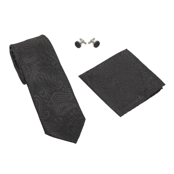 Allthemen Klassisk Jaquard-slips til mænd 7 cm til formelt mødebryllup med lommetørklæde og manchetknapper (7 cm*145 cm, sort)