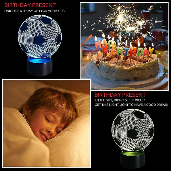 Wabjtam Soccer Night Light Pojille, Jalkapallo 3D Illusion Lamput Lapsille Makuuhuoneen sisustus, 7 värillinen kosketuskytkin Hienot lahjat tytöille syntymäpäivä joulu
