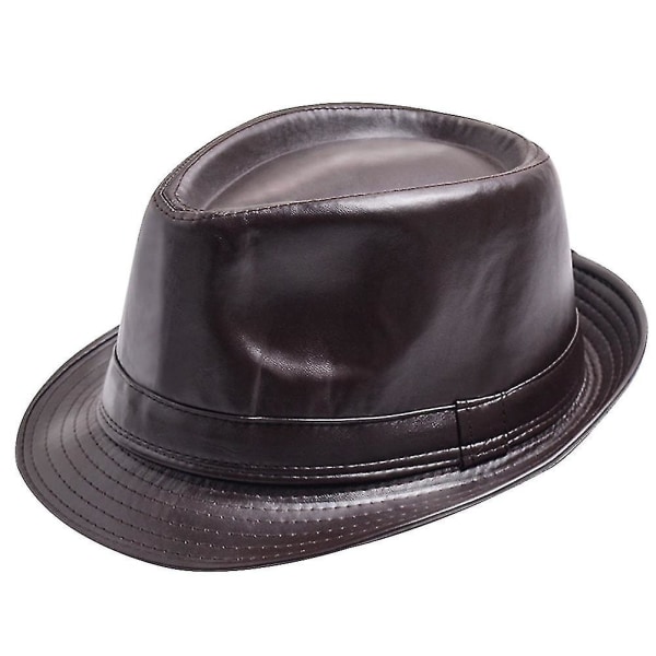 Mode Vintage Hat Gentleman Klassisk Fedora Hat Pu Læder Jazz Cap med stor skygge til middagsfest（Kaffe）