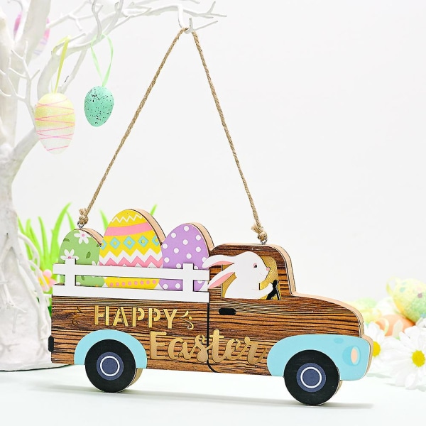 Glad påsk träskylt, påskdörrskylt, lastbil med ägg och kanin, vårens dekorativa färgglada välkomstväggskylt med lampor (1st, flerfärgad)