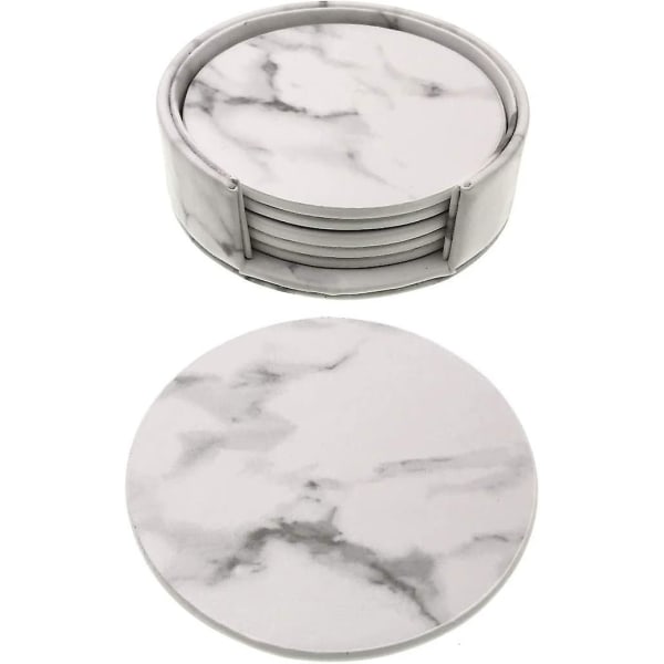 5 x glasunderlägg med vit marmoreffekt med stativ, 9,7 cm rund mugg matta set för koppar glasmuggar