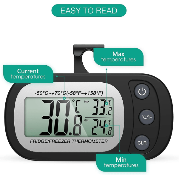 2 st Frigidaire Kylskåpstermometer, Digital Frys Termometer Med Haken, Lättläst LCD-Skärm, Max/Min Funktion, Perfekt För Hem, Restauranger