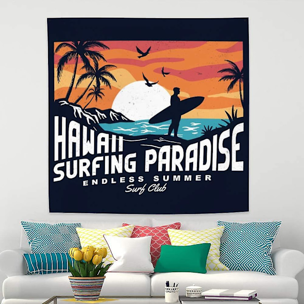 Annen veggdekor 75cm*75cm Surfing veggteppe Hawaii Surfing Paradise veggteppe Tropisk havstrand Surfebrett Palmetrær Sommerferie Solnedgang Fugl Tepper