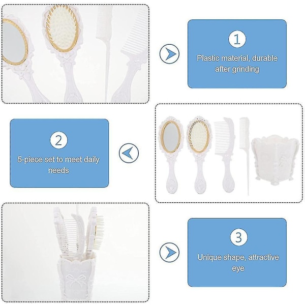 4 delar Retro set för damer med präglad handhållen spegel (vit)