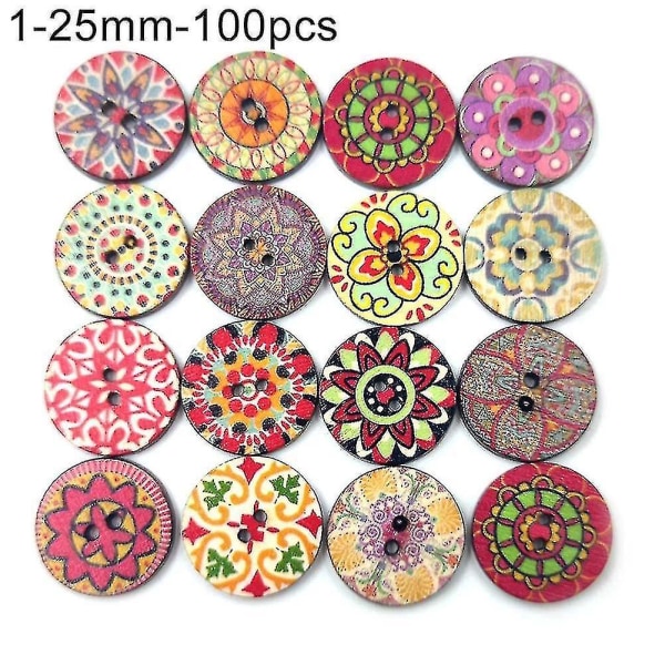 100 kpl Boheemi-tyylinen retrokuvioinen pyöreä muoto puiset napit vaatesisustus（25mm)