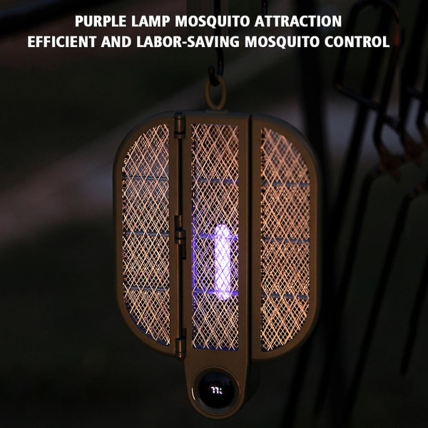 2-i-1 hopfällbara elektriska myggor Swatter Uppladdningsbara insekter Zappers för vardagsrummet sovrum (brun)