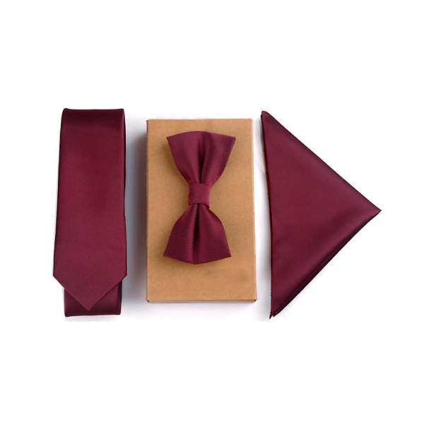 3 kpl/ set miesten ohut solmio, set , neliönmuotoinen nenäliina + rusetti + solmiosarja, miehet (viininpunainen)