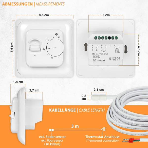 Mst1 Undermonterad Rumstermostat Med Golvsensor - Vit - Termostat För Elektrisk Golvvärme