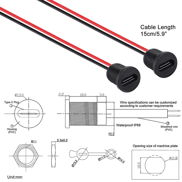 5-osainen Type-c vedenpitävä pistoke, paneelikiinnitteinen USB C -naarasliitin mutterilukkolevyllä