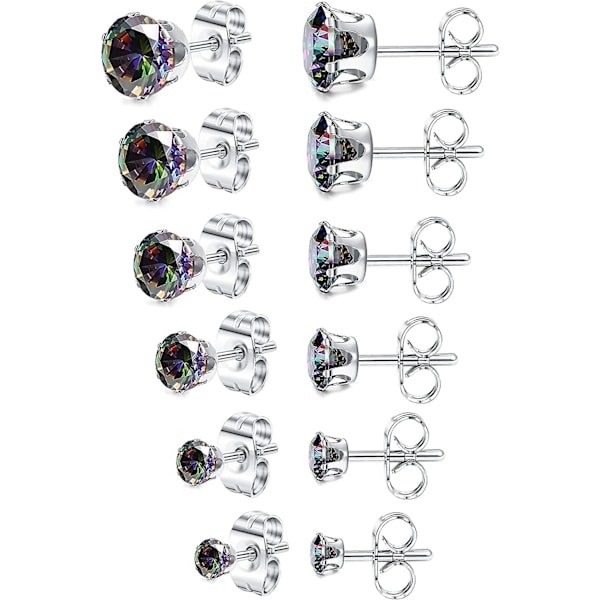 Jewelry Women's Stainless Steel Round Clear Cubic Zirconia Stud Earring (6 Pairs)