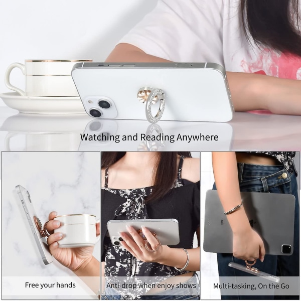 2 delar Glitter Mobiltelefon Ring Daisy Shape Mobiltelefon Hållare Ring Med Artificiell Diamant Telefonhållare - För smartphones och surfplattor - Rosa+vit