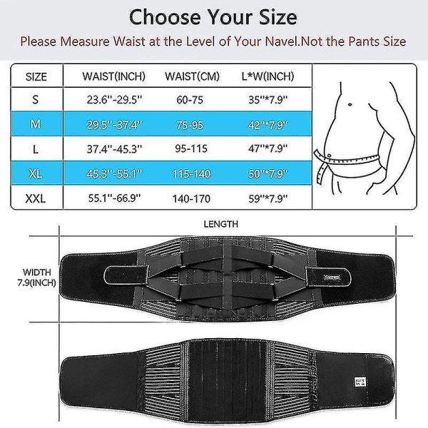 Justerbart ryggstödsbälte för ländryggen med 6 ben i midjan Ortopedisk korsett för män ryggrad Dekompression waist trainer Lindring av ryggsmärtor (XL, svart)