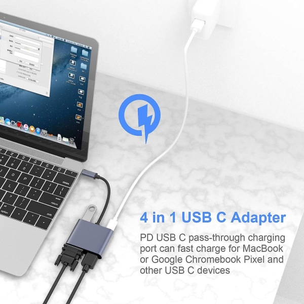 USB C till Vga HDMI-adapter, 4 i 1 typ C Hub till Vga HDMI 4k Uhd med 87w Pd-laddningsport + USB 3.0-port kompatibel med Macbook Pro/air Dell Hp Samsu