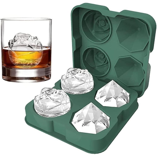 2-i-1 silikone-rose- og diamant-isterningform med låg til cocktails, isterninger, whisky, vin, is (grøn)