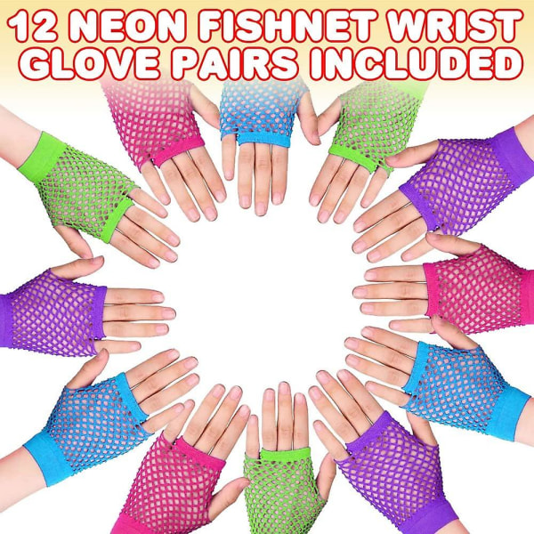 Neonhandskar för barn, Set med 12, Fishnet Handled Handskar, Perfekta Neon Party Supplies, Bra Halloween Accessoarer, 80-tals födelsedagsfester, Retro dem