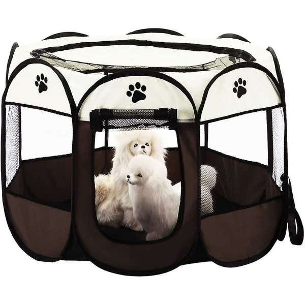 Hopfällbart husdjurstält 8 delar mesh Bärbar hopfällbar löparbur för valpspel Staket för hundar Hundar Katter Kaniner Kennel (77cm * 43cm, brun)