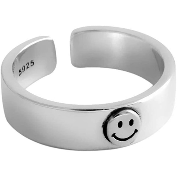 Heytea Silver Smile Face Öppen Ring För Kvinnor Män Justerbar Bred Smiling Statement Ring Mode Festsmycken - -