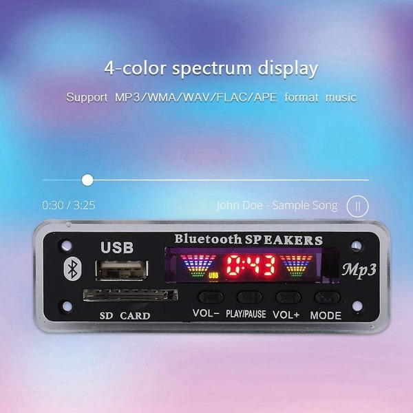 Dc 5v/12v Bluetooth 5.0 lyddekoderkort lydmodul Usb Aux Sd Fm radio tapsfri Mp3/wma/wav/flac/ape dekoderkortmodul, farger Skjermvisning