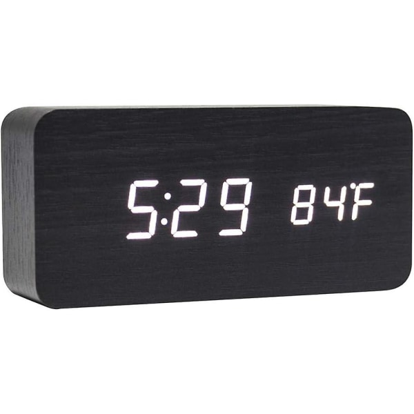 Trä digital klocka - Multifunktionell led väckarklocka med tid / datum / temperatur display och röststyrning svart