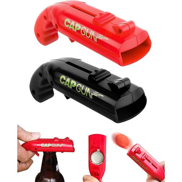 Set med 2 svarta+röda cap , kapsylöppnare, burköppnare i form av leksakspistoler för katapulter för barpartyn