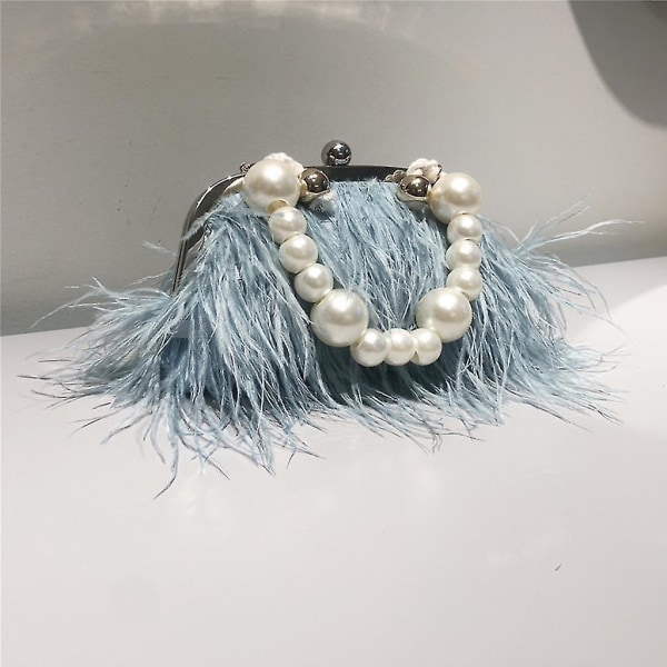 Dame håndveske fjær clutch bag luksus 2 type slangekjede & perle kort kjede (perlekjede, blå)