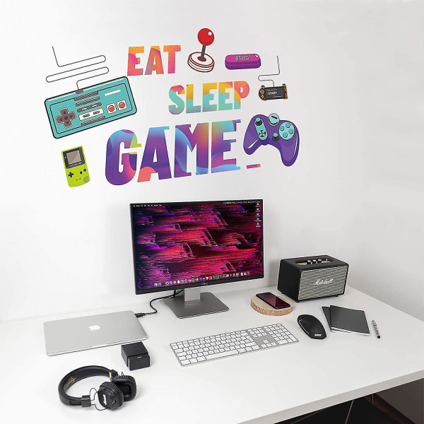 Färgglada Eat Sleep Game Väggdekaler, Gamer Väggdekor med stor kontroll, avtagbar Vinyl Vattentät Konstdesigndekaler För Hem Lekrum Pojkar Sovrum