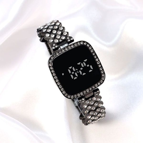 Watch för kvinnor med fyrkantig urtavla digital watch med strassband för flickvän födelsedagspresent (svart)
