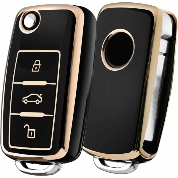 VW bilnyckelring, VW Golf nyckelring, Volkswagen Polo Passat Skoda Seat 3-knapps nyckelring (svart guld)