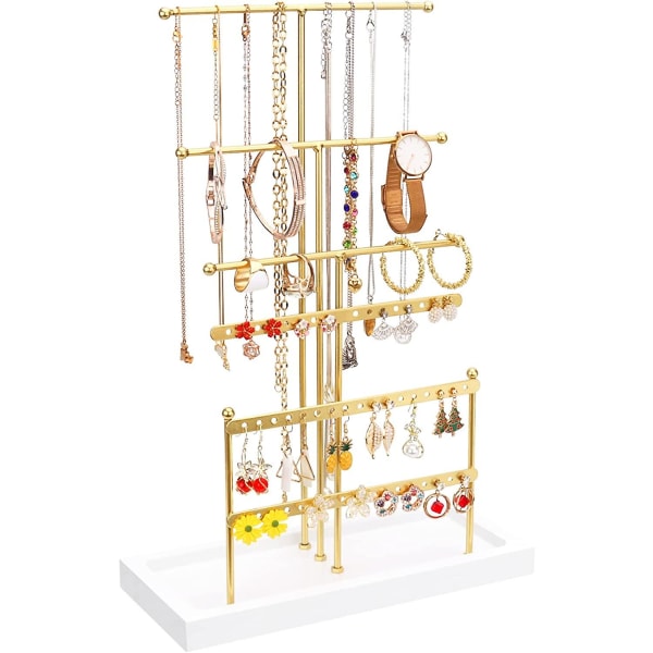 6-vånings smyckesställ med träbrickor, smyckeshållare, justerbar höjd smyckeskrinhållare för halsband, armband, örhängen, guld