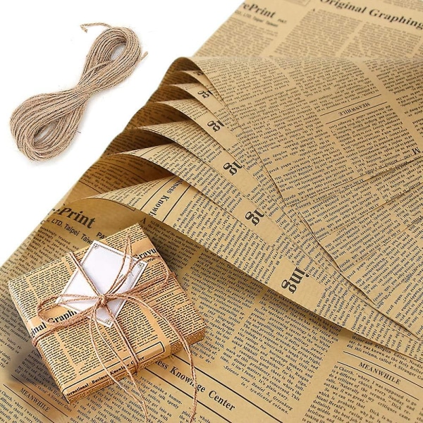 10 arkkia Kraft-käärepaperi Syntymäpäivä Kraft Ruskea Vintage Sanomalehti Lahjakukat Pakkauspaperi ja 10 metrin juuttilanka taidekäsityölahjakukkiin